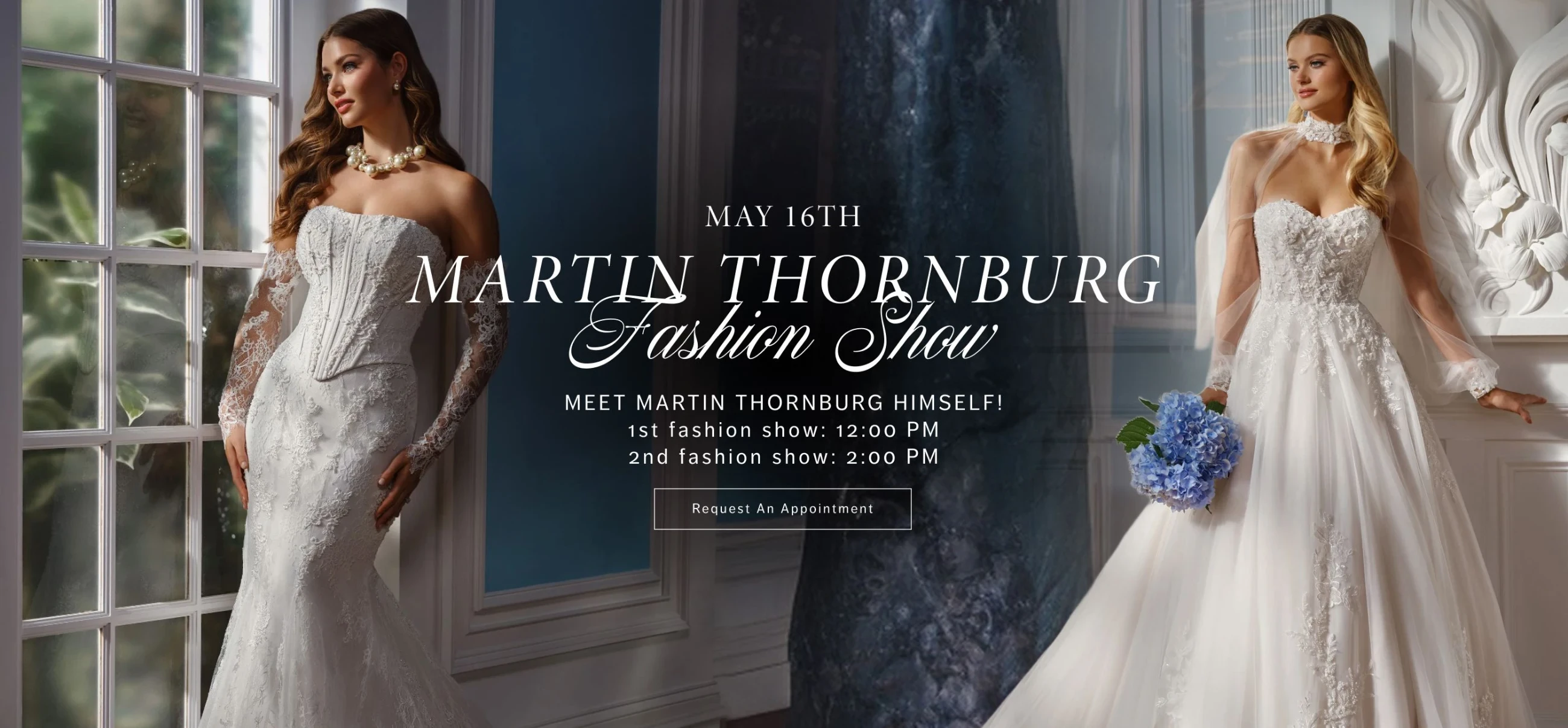 Martin Thornburg Fashion Show desktop banner, models wearing Martin Thornburg bridal dresses,