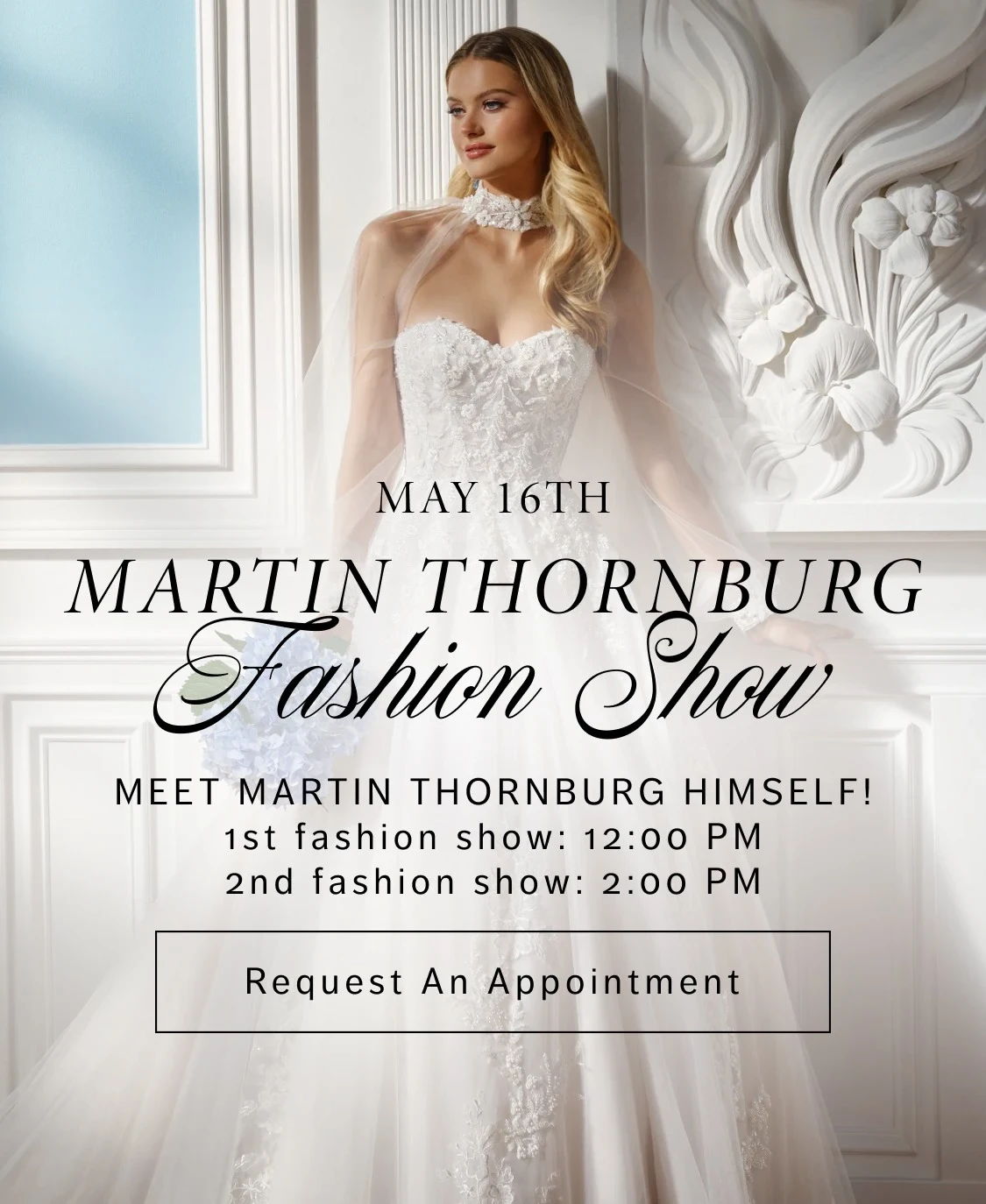 Martin Thornburg Fashion Show mobile banner, model wearing Martin Thornburg bridal dress