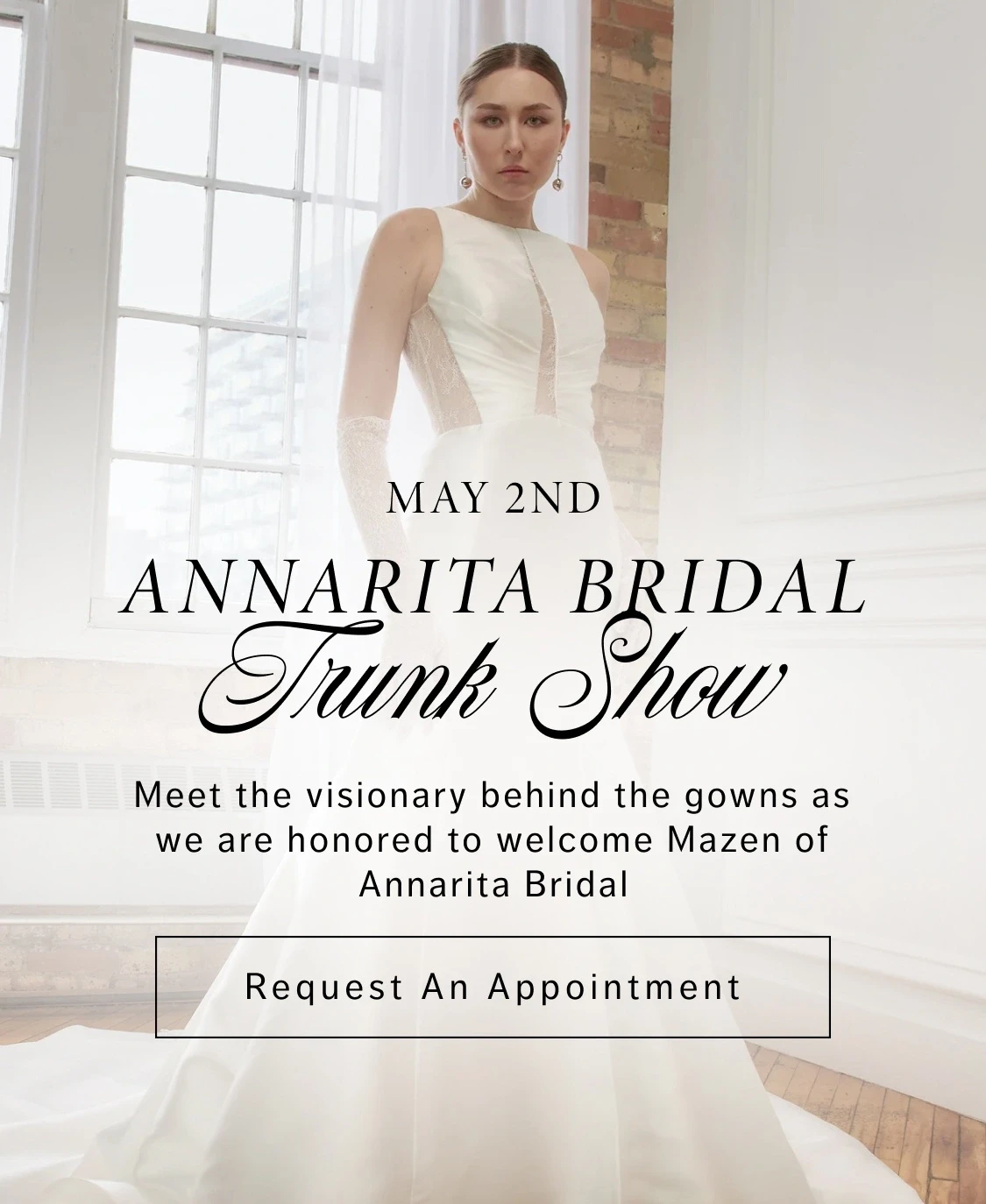 Model wearing Anarita Bridal dress, Trunk Show mobile banner